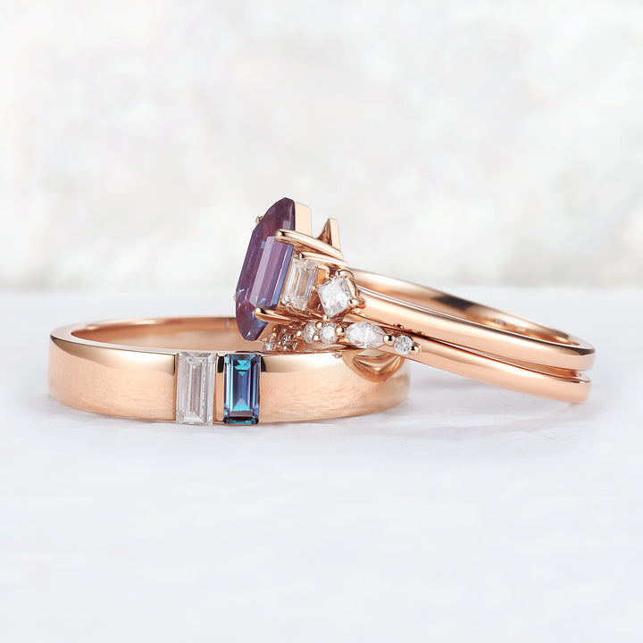 Cluster Hexagon Cut Alexandrite Couple Ring - Eternal Bond