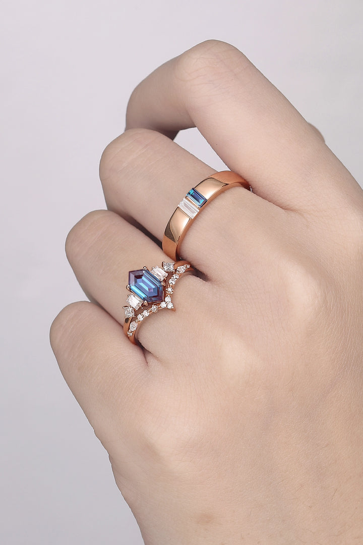 Cluster Hexagon Cut Alexandrite Couple Ring - Eternal Bond