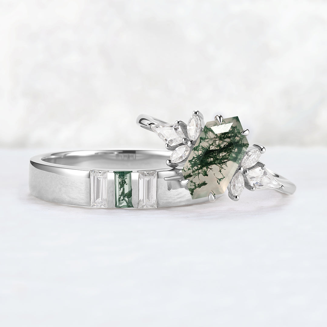Cluster Hexagon Cut Moss Agate Couple Ring - Eternal Bond