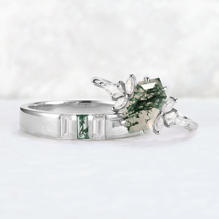 Cluster Hexagon Cut Moss Agate Couple Ring - Eternal Bond