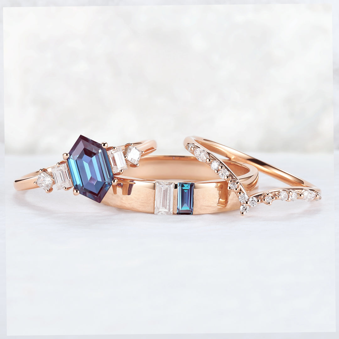 Cluster Hexagon Cut Alexandrite Couple Ring - Eternal Bond
