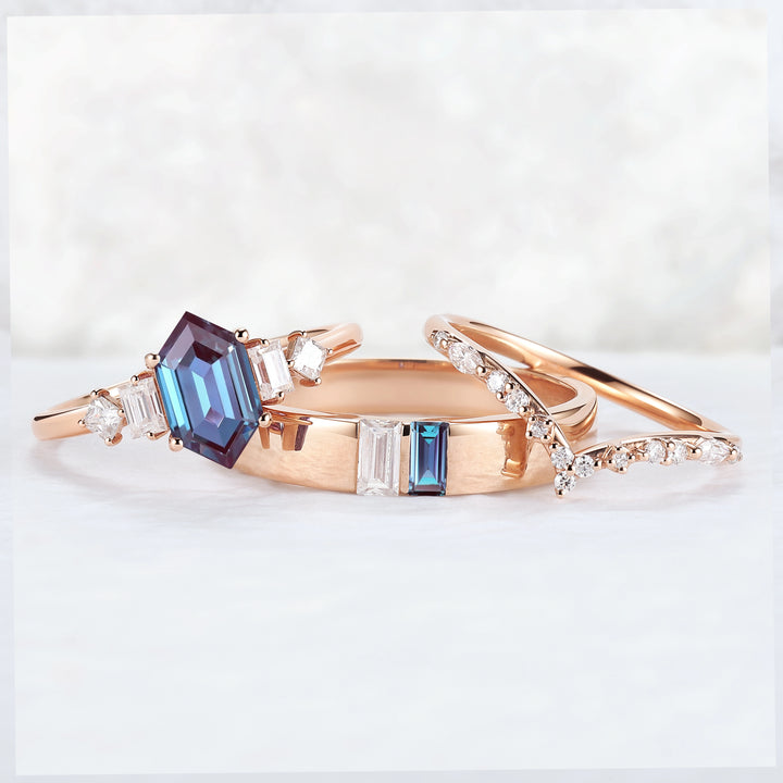 Cluster Hexagon Cut Alexandrite Couple Ring - Eternal Bond
