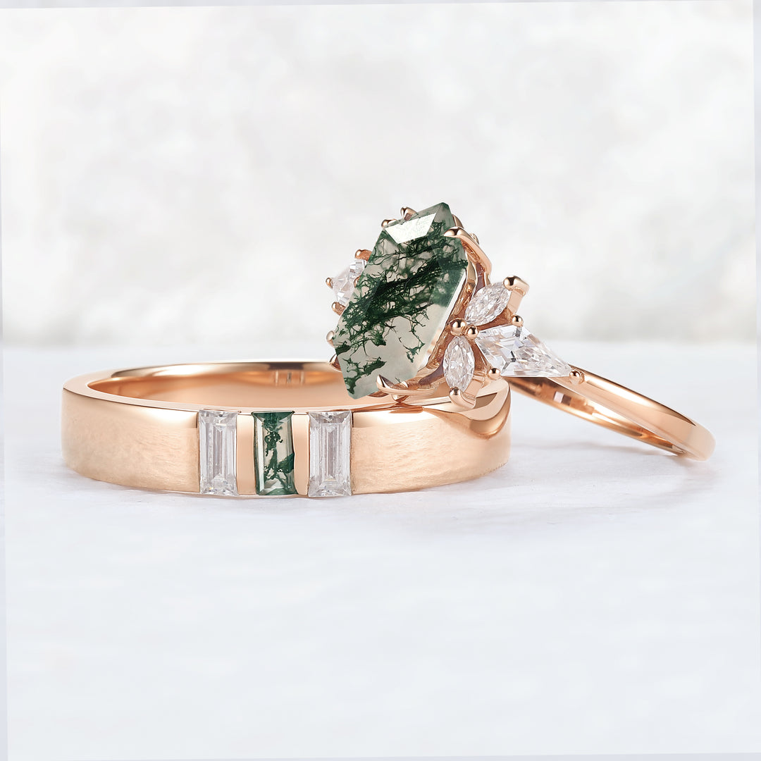 Cluster Hexagon Cut Moss Agate Couple Ring - Eternal Bond
