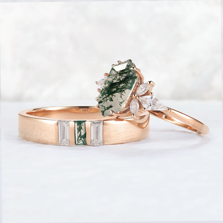 Cluster Hexagon Cut Moss Agate Couple Ring - Eternal Bond