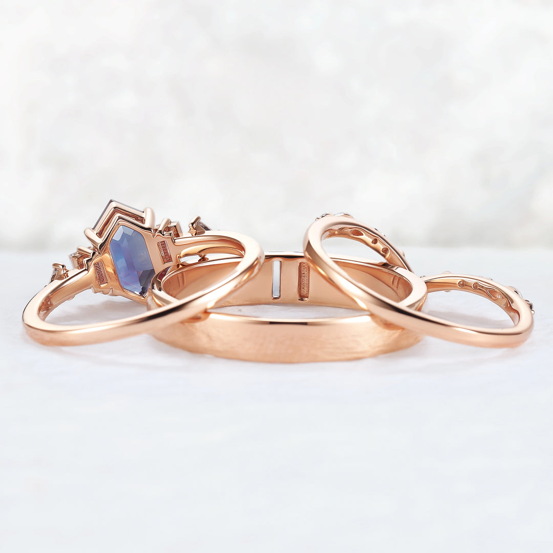 Cluster Hexagon Cut Alexandrite Couple Ring - Eternal Bond