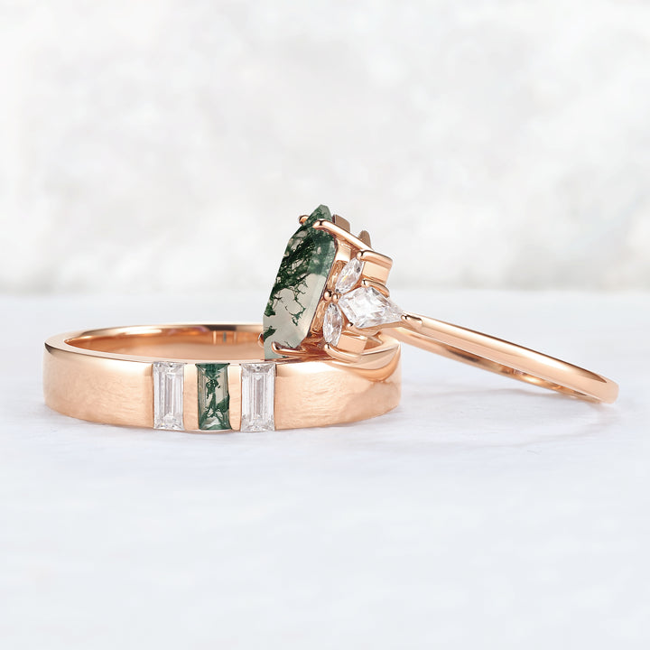 Cluster Hexagon Cut Moss Agate Couple Ring - Eternal Bond