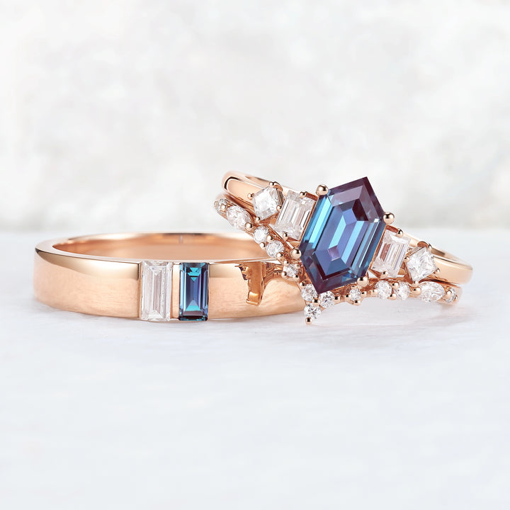 Cluster Hexagon Cut Alexandrite Couple Ring - Eternal Bond