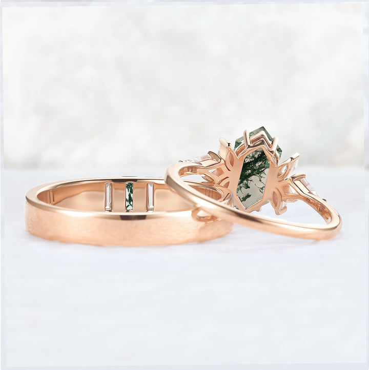 Cluster Hexagon Cut Moss Agate Couple Ring - Eternal Bond