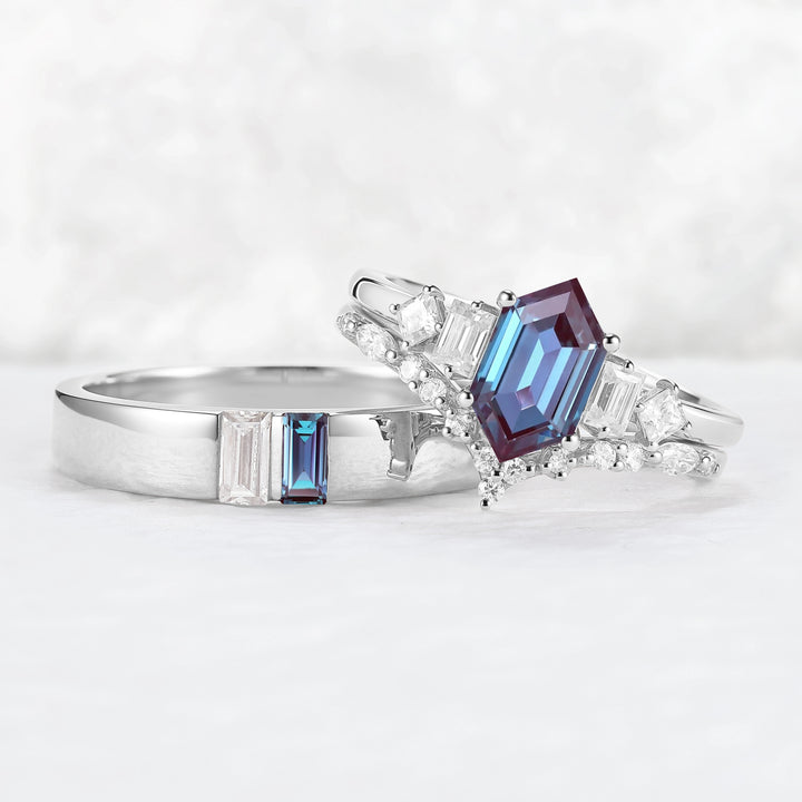 Cluster Hexagon Cut Alexandrite Couple Ring - Eternal Bond