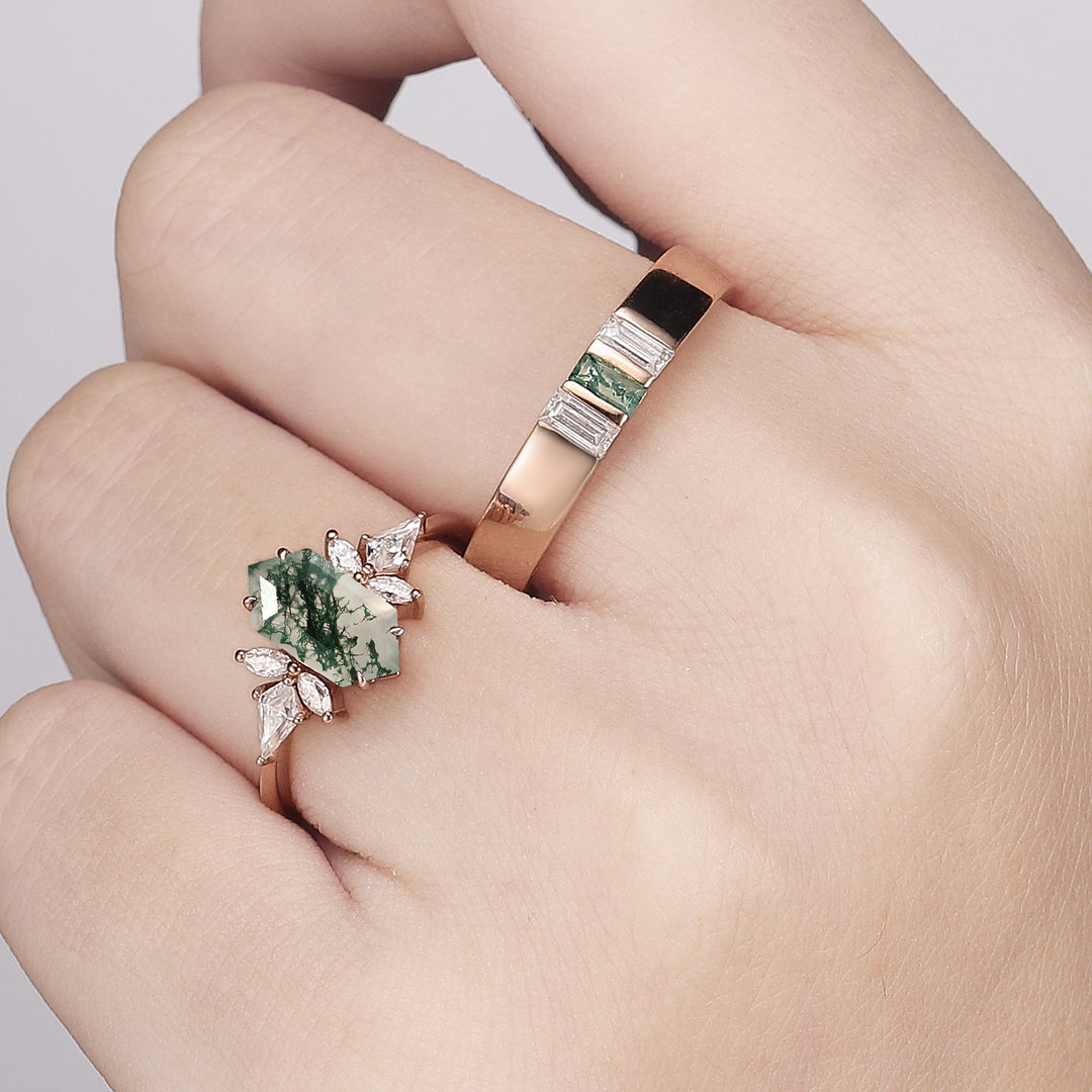 Cluster Hexagon Cut Moss Agate Couple Ring - Eternal Bond