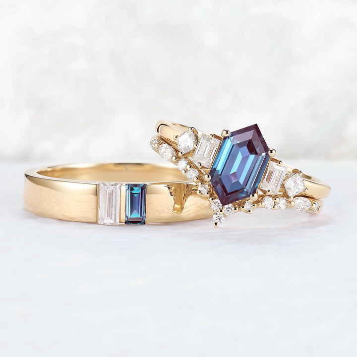 Cluster Hexagon Cut Alexandrite Couple Ring - Eternal Bond