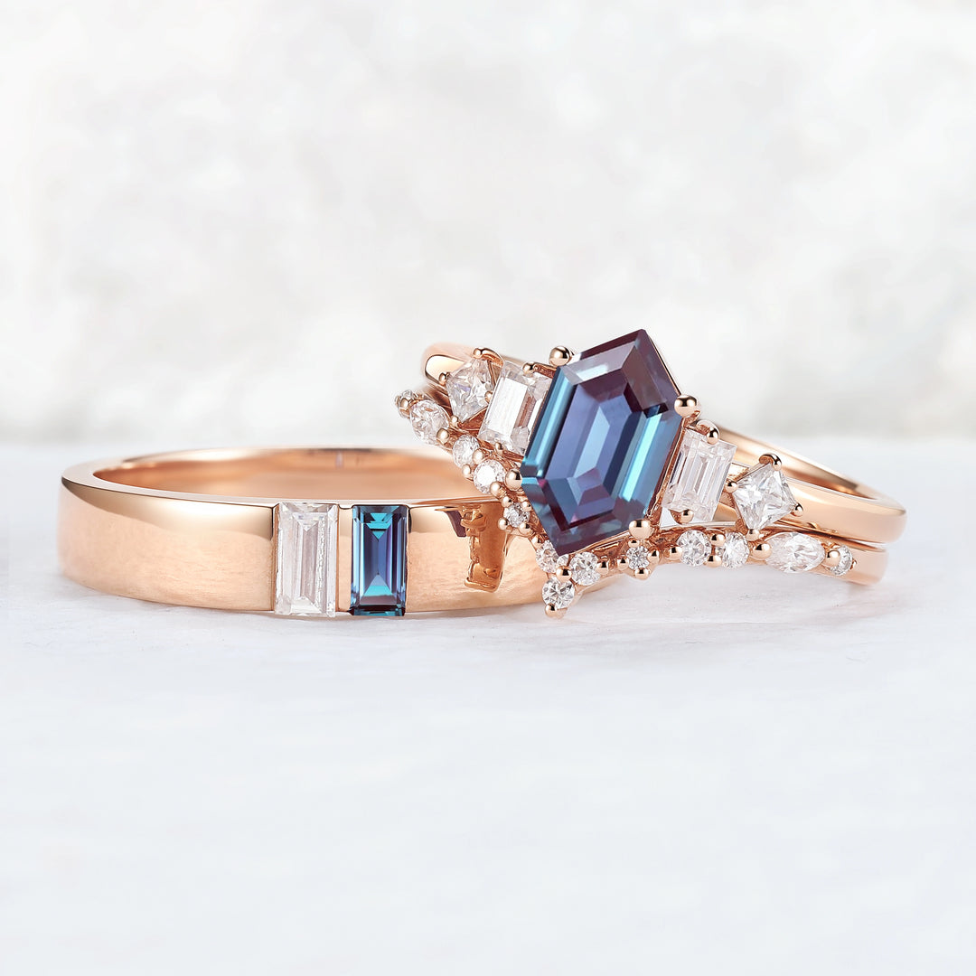 Cluster Hexagon Cut Alexandrite Couple Ring - Eternal Bond