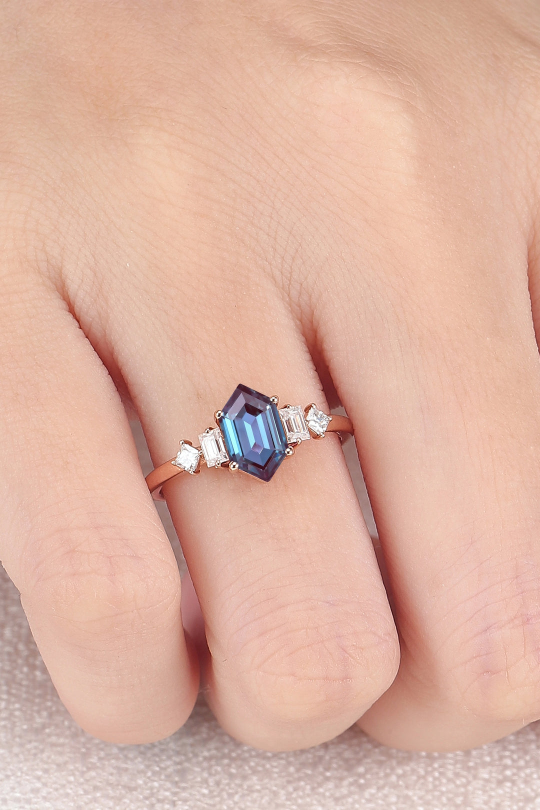 Cluster Hexagon Cut Alexandrite Five Stone Engagement Ring