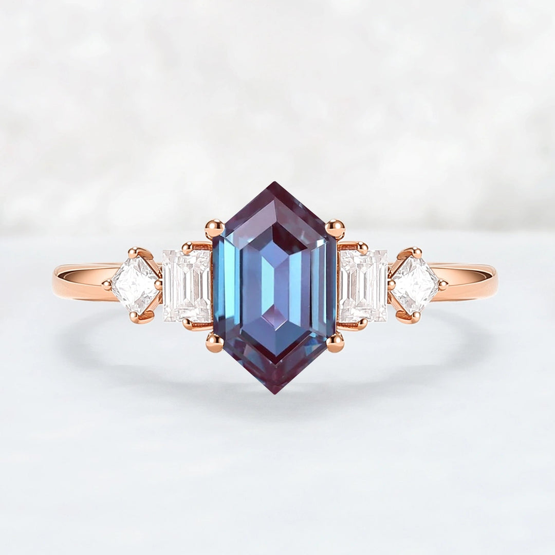 Cluster Hexagon Cut Alexandrite Five Stone Engagement Ring