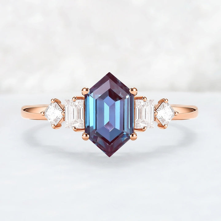 Cluster Hexagon Cut Alexandrite Five Stone Engagement Ring