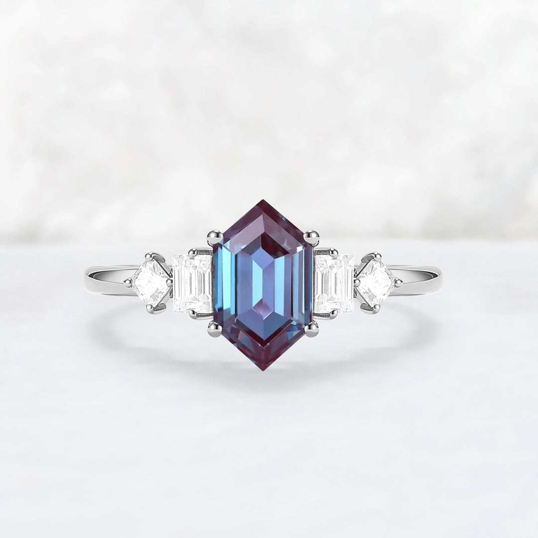 Cluster Hexagon Cut Alexandrite Five Stone Engagement Ring