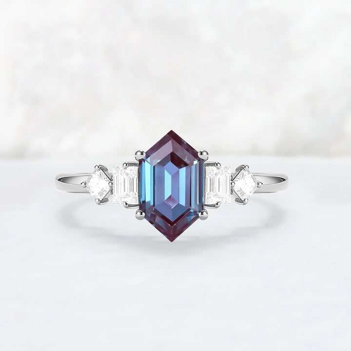 Cluster Hexagon Cut Alexandrite Five Stone Engagement Ring