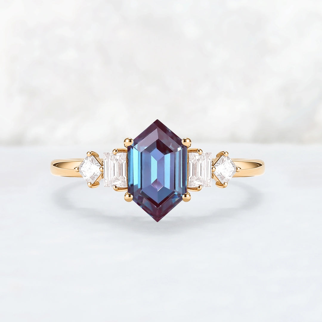 Cluster Hexagon Cut Alexandrite Five Stone Engagement Ring