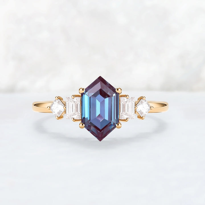 Cluster Hexagon Cut Alexandrite Five Stone Engagement Ring