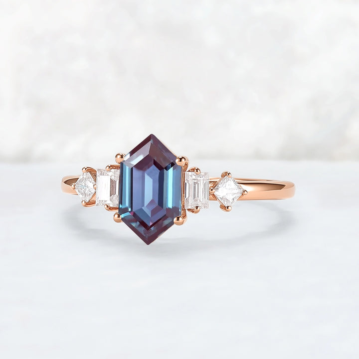Cluster Hexagon Cut Alexandrite Five Stone Engagement Ring