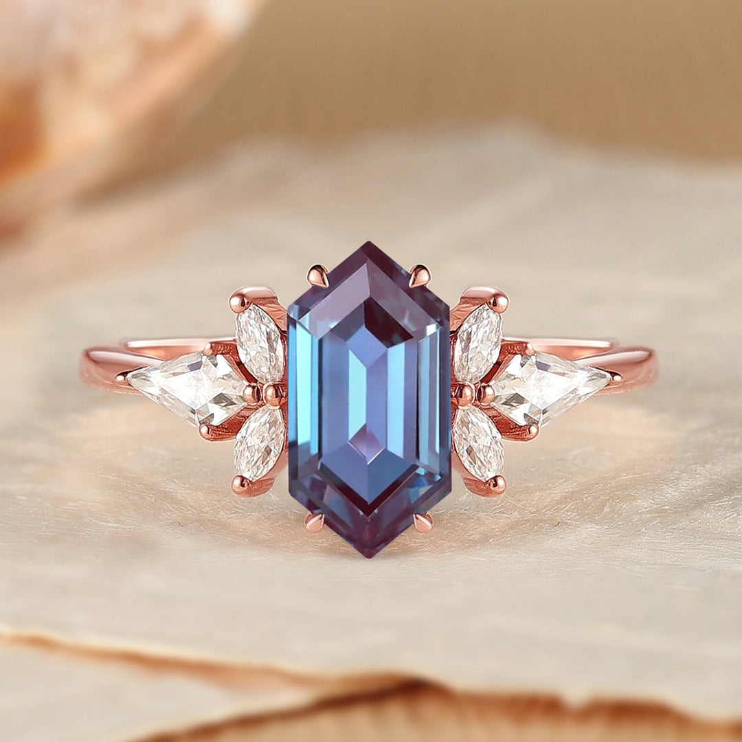 Cluster Hexagon Cut Alexandrite Gemstone Ring