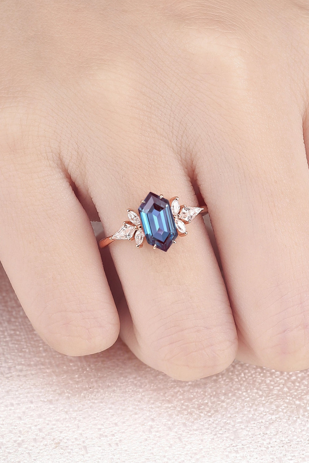 Cluster Hexagon Cut Alexandrite Gemstone Ring