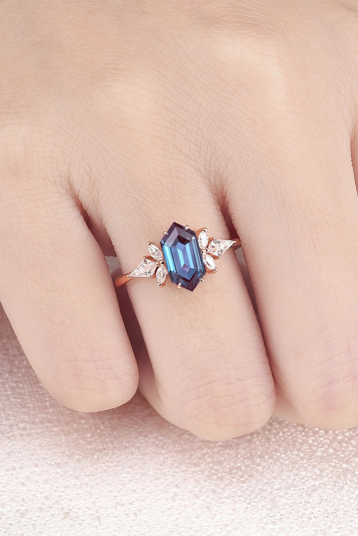 Cluster Hexagon Cut Alexandrite Gemstone Ring