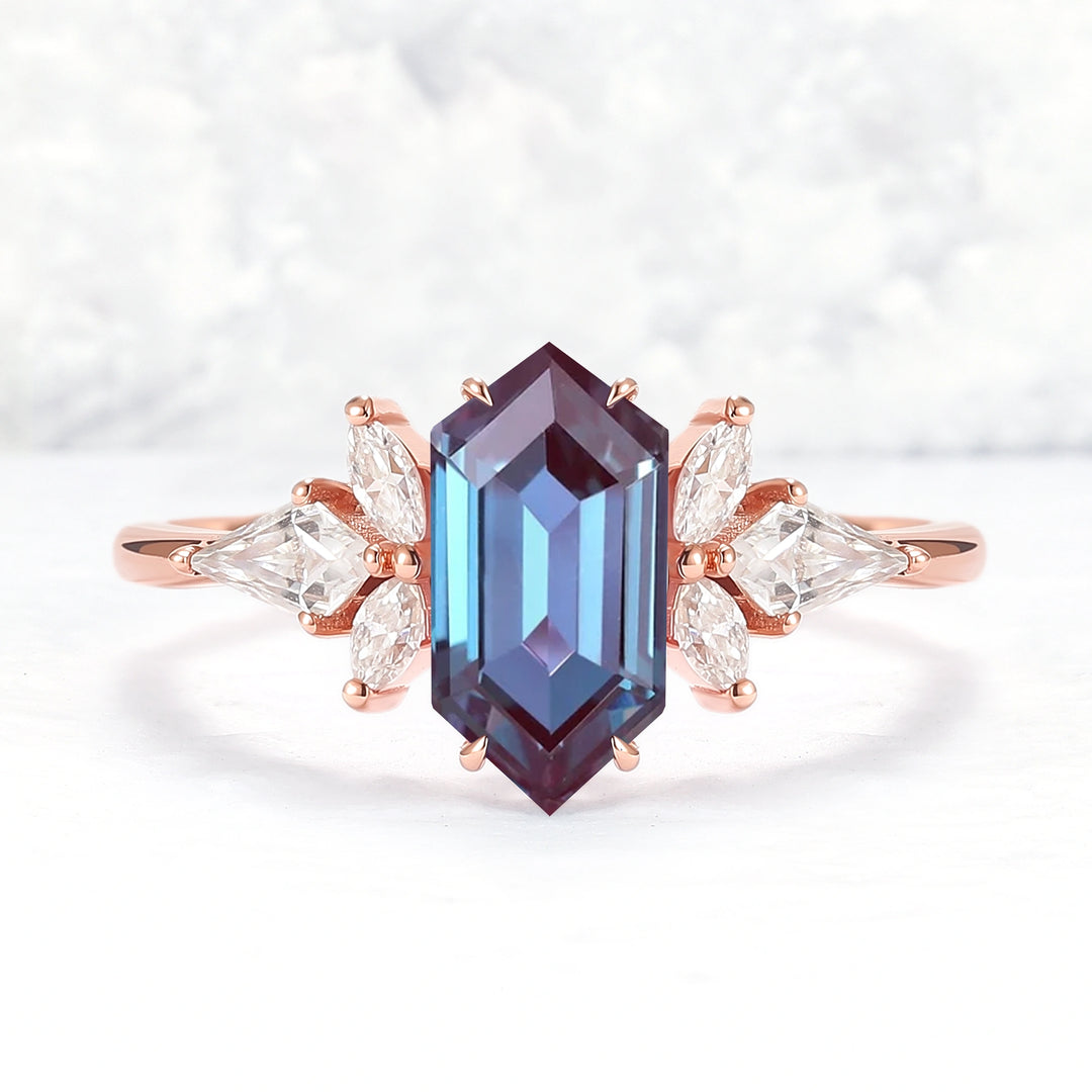 Cluster Hexagon Cut Alexandrite Gemstone Ring