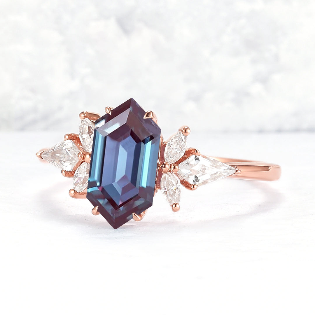Cluster Hexagon Cut Alexandrite Gemstone Ring