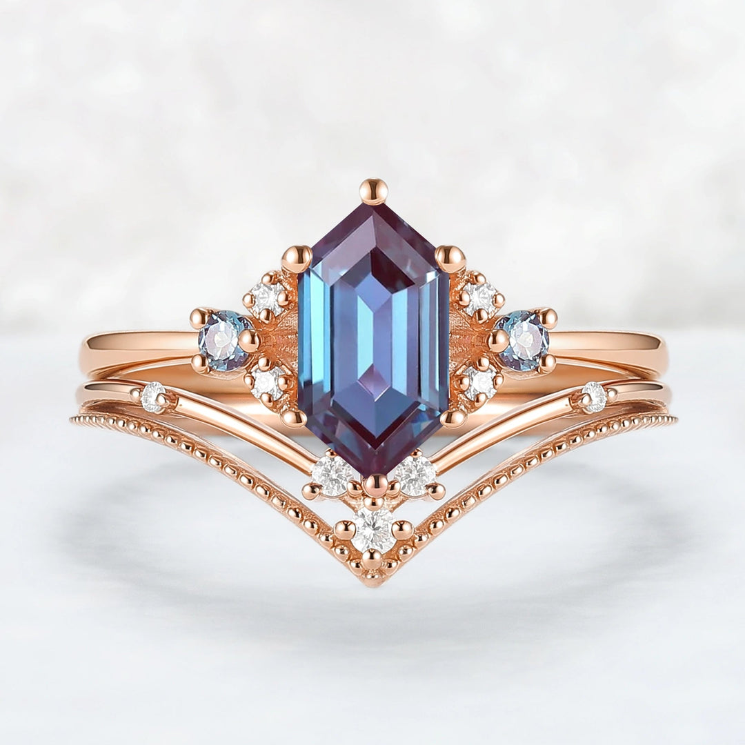 Cluster Hexagon Cut Alexandrite Seven Stone Engagement Ring Set 2pcs