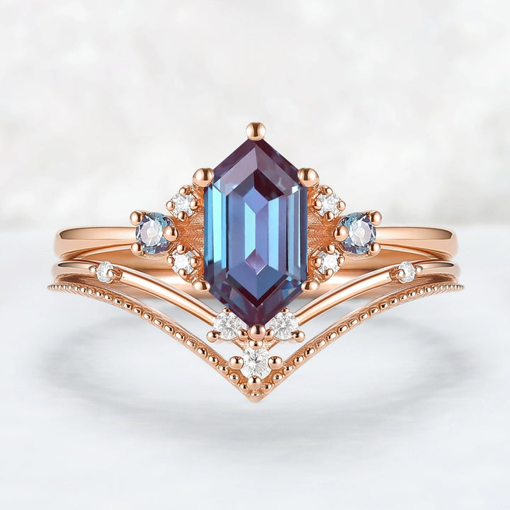 Cluster Hexagon Cut Alexandrite Seven Stone Engagement Ring Set 2pcs