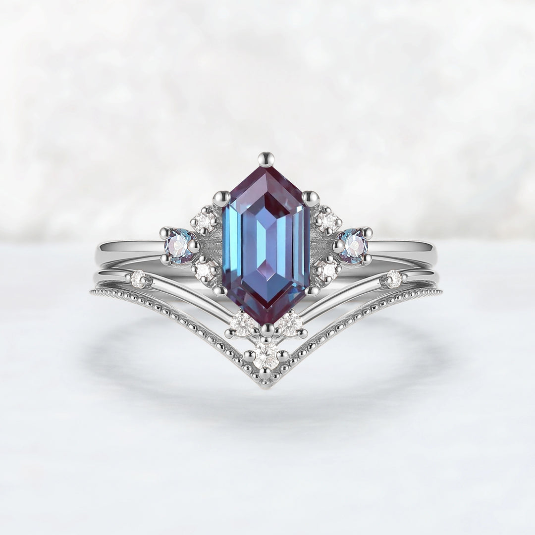 Cluster Hexagon Cut Alexandrite Seven Stone Engagement Ring Set 2pcs