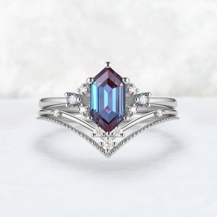 Cluster Hexagon Cut Alexandrite Seven Stone Engagement Ring Set 2pcs