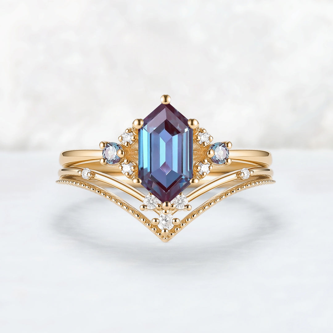 Cluster Hexagon Cut Alexandrite Seven Stone Engagement Ring Set 2pcs