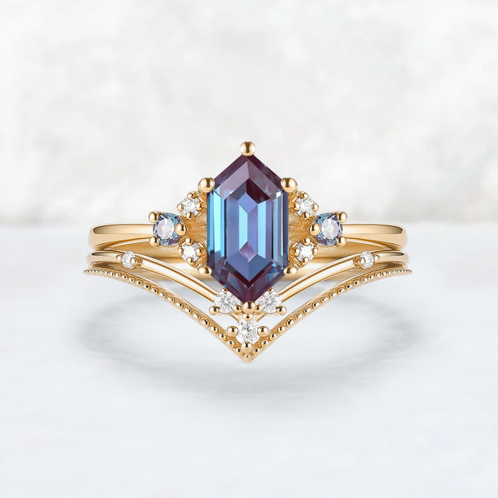 Cluster Hexagon Cut Alexandrite Seven Stone Engagement Ring Set 2pcs