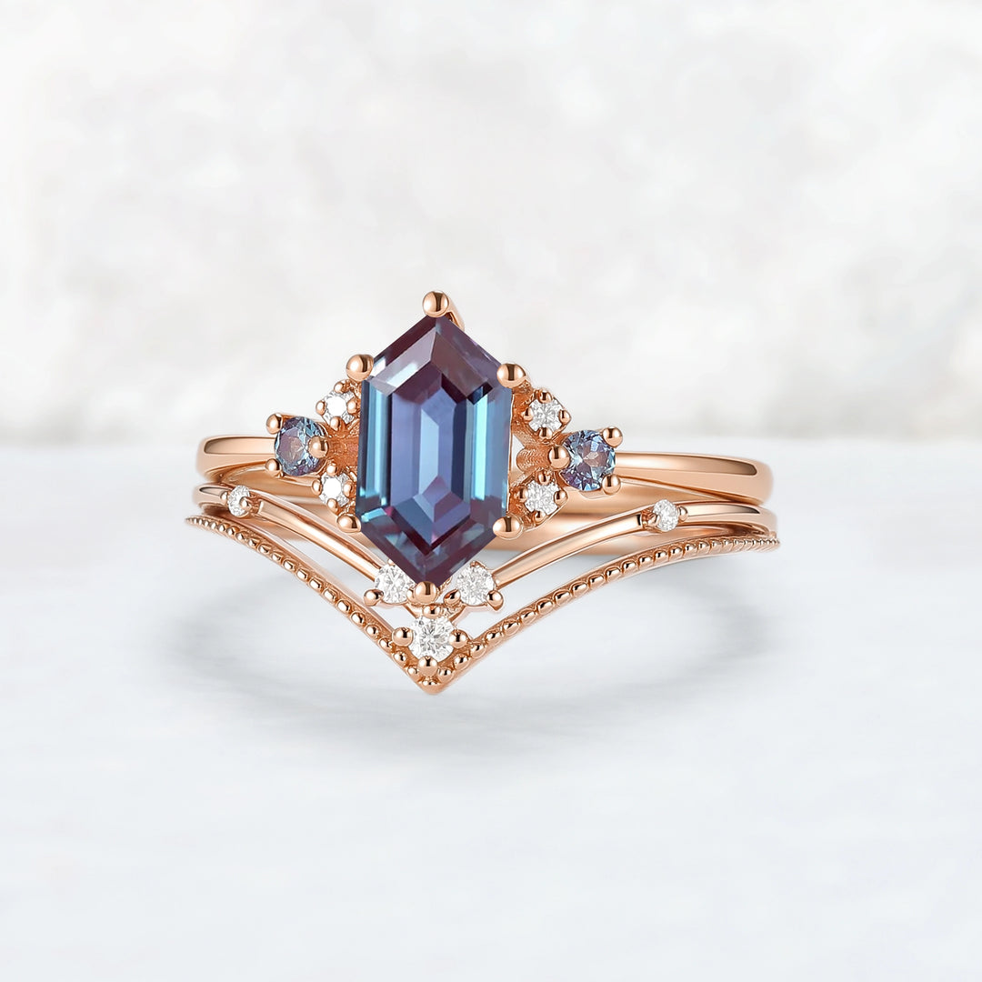 Cluster Hexagon Cut Alexandrite Seven Stone Engagement Ring Set 2pcs