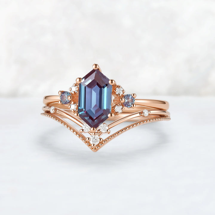 Cluster Hexagon Cut Alexandrite Seven Stone Engagement Ring Set 2pcs