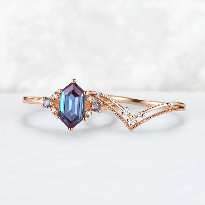 Cluster Hexagon Cut Alexandrite Seven Stone Engagement Ring Set 2pcs