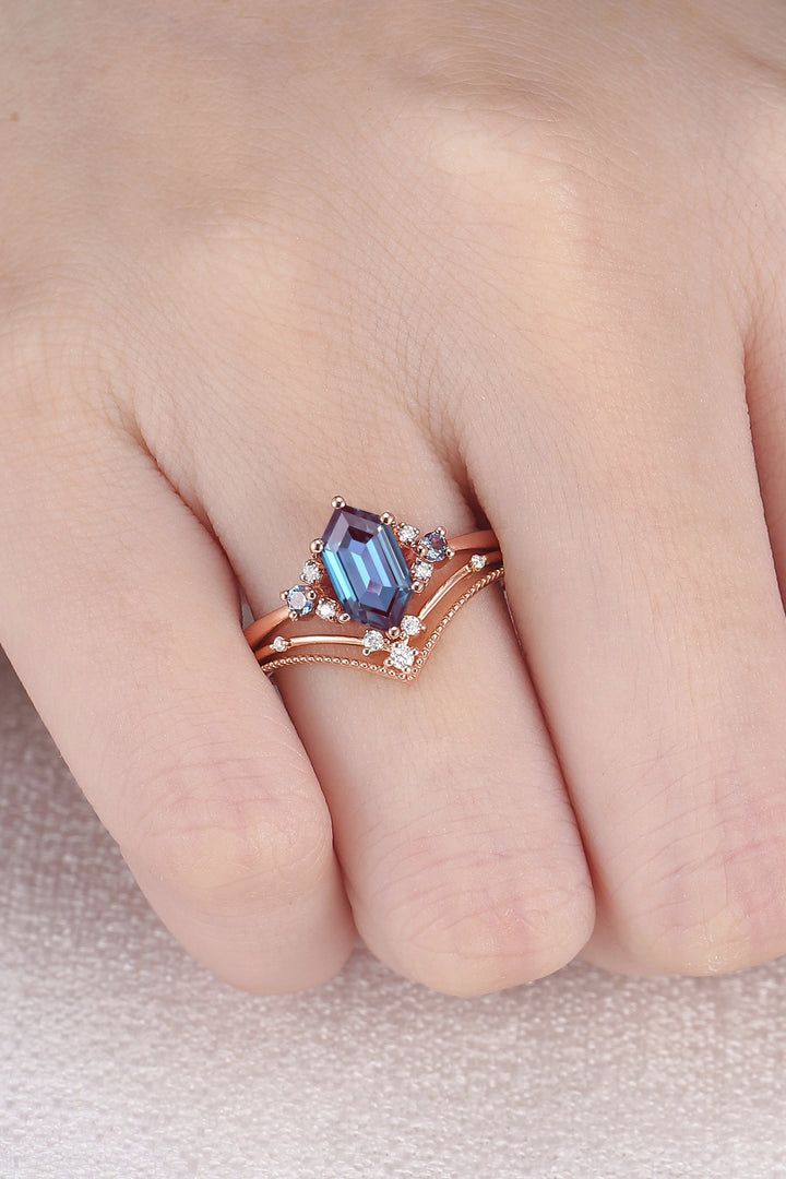 Cluster Hexagon Cut Alexandrite Seven Stone Engagement Ring Set 2pcs