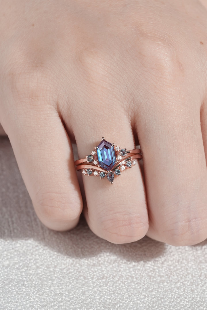 Cluster Hexagon Cut Alexandrite Seven Stone Gemstone Ring Set 2pcs