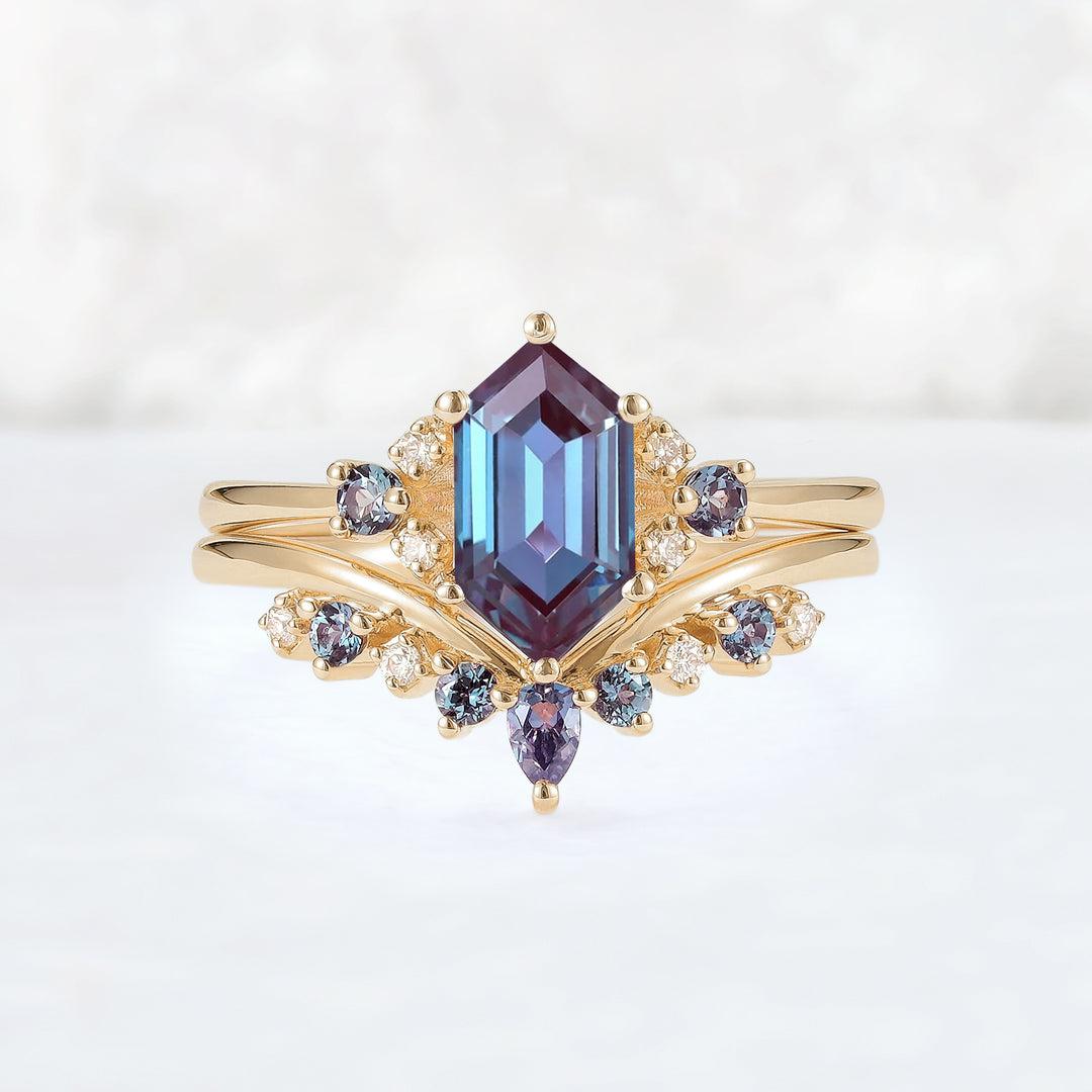 Cluster Hexagon Cut Alexandrite Seven Stone Gemstone Ring Set 2pcs