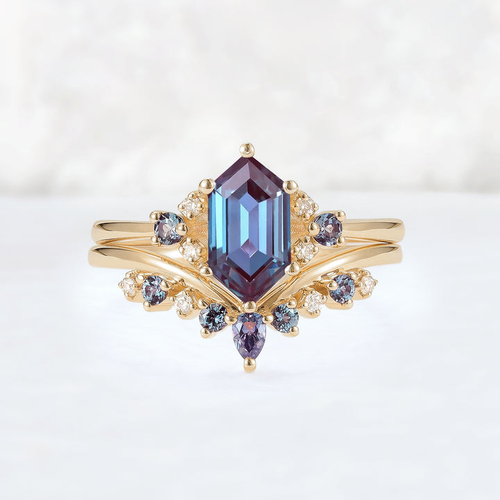 Cluster Hexagon Cut Alexandrite Seven Stone Gemstone Ring Set 2pcs