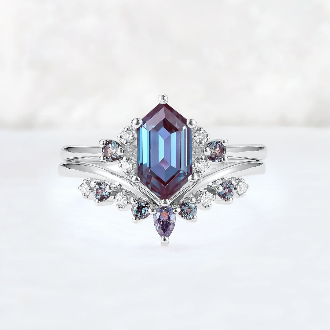 Cluster Hexagon Cut Alexandrite Seven Stone Gemstone Ring Set 2pcs