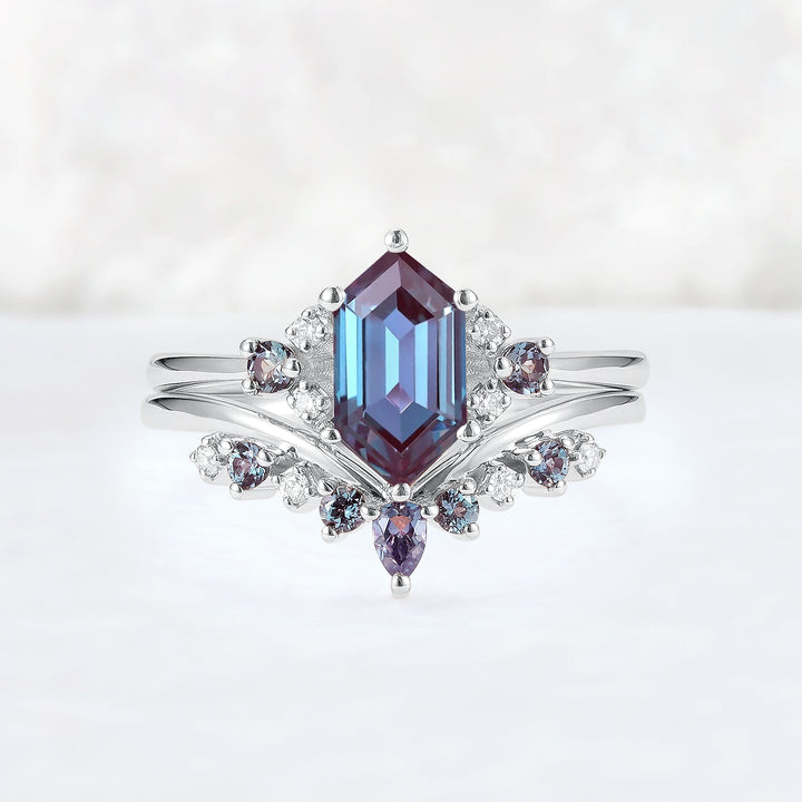 Cluster Hexagon Cut Alexandrite Seven Stone Gemstone Ring Set 2pcs