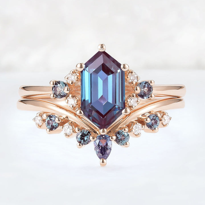 Cluster Hexagon Cut Alexandrite Seven Stone Gemstone Ring Set 2pcs