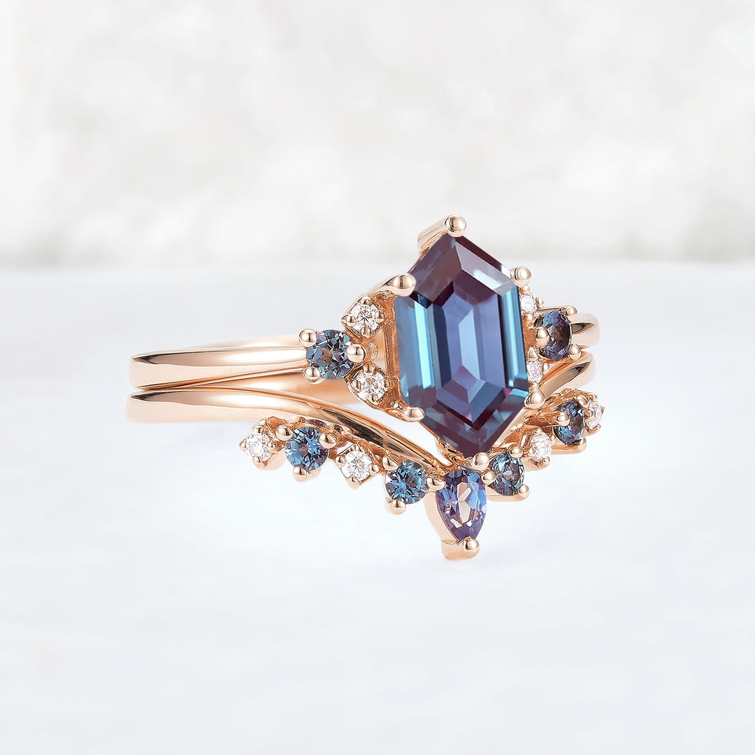 Cluster Hexagon Cut Alexandrite Seven Stone Gemstone Ring Set 2pcs