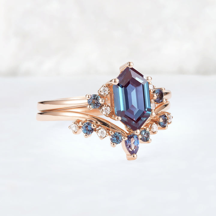 Cluster Hexagon Cut Alexandrite Seven Stone Gemstone Ring Set 2pcs