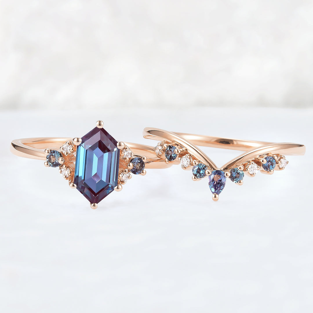 Cluster Hexagon Cut Alexandrite Seven Stone Gemstone Ring Set 2pcs