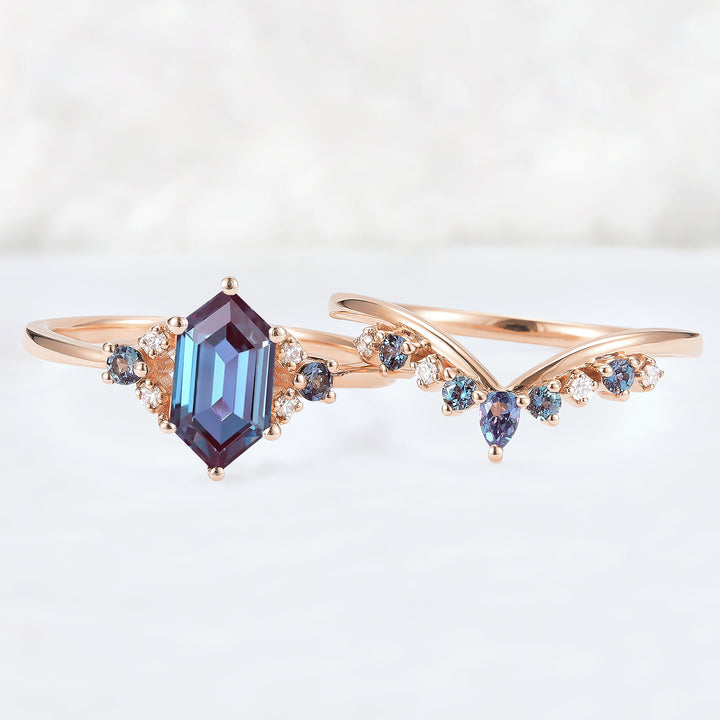 Cluster Hexagon Cut Alexandrite Seven Stone Gemstone Ring Set 2pcs