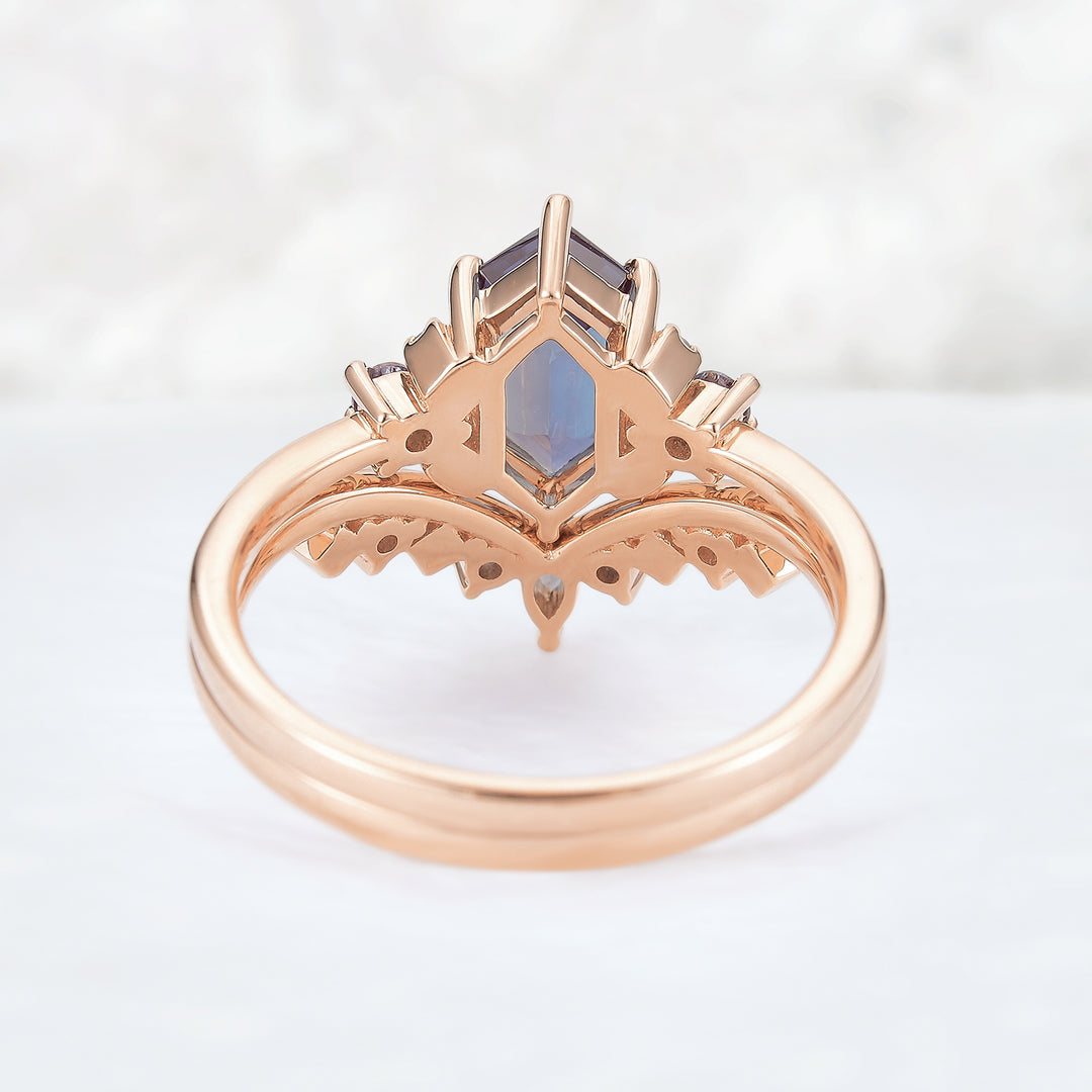 Cluster Hexagon Cut Alexandrite Seven Stone Gemstone Ring Set 2pcs